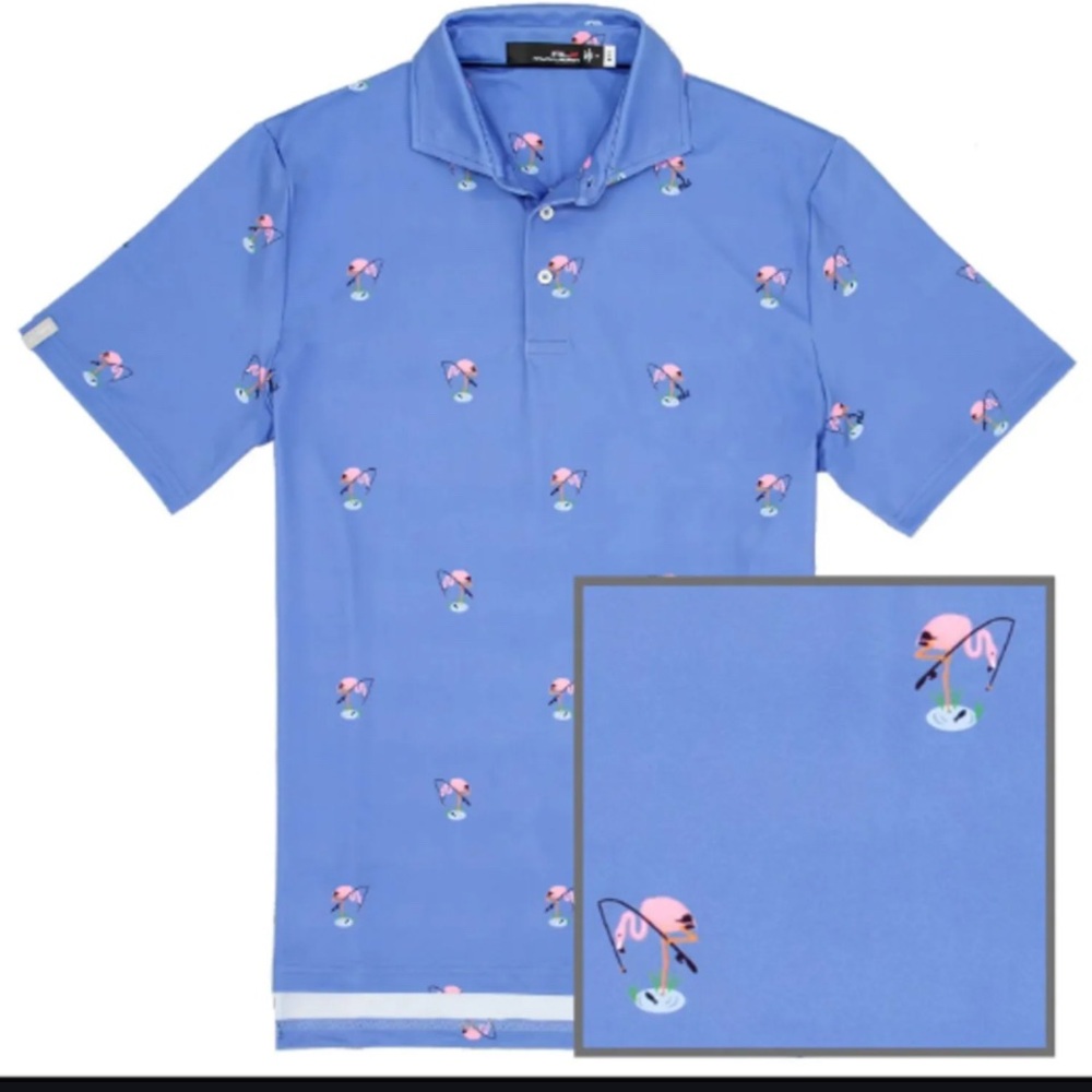 NWT RLX Ralph Lauren Blue Polo with Flamingo Pattern Wicking Polo Shirt Small.